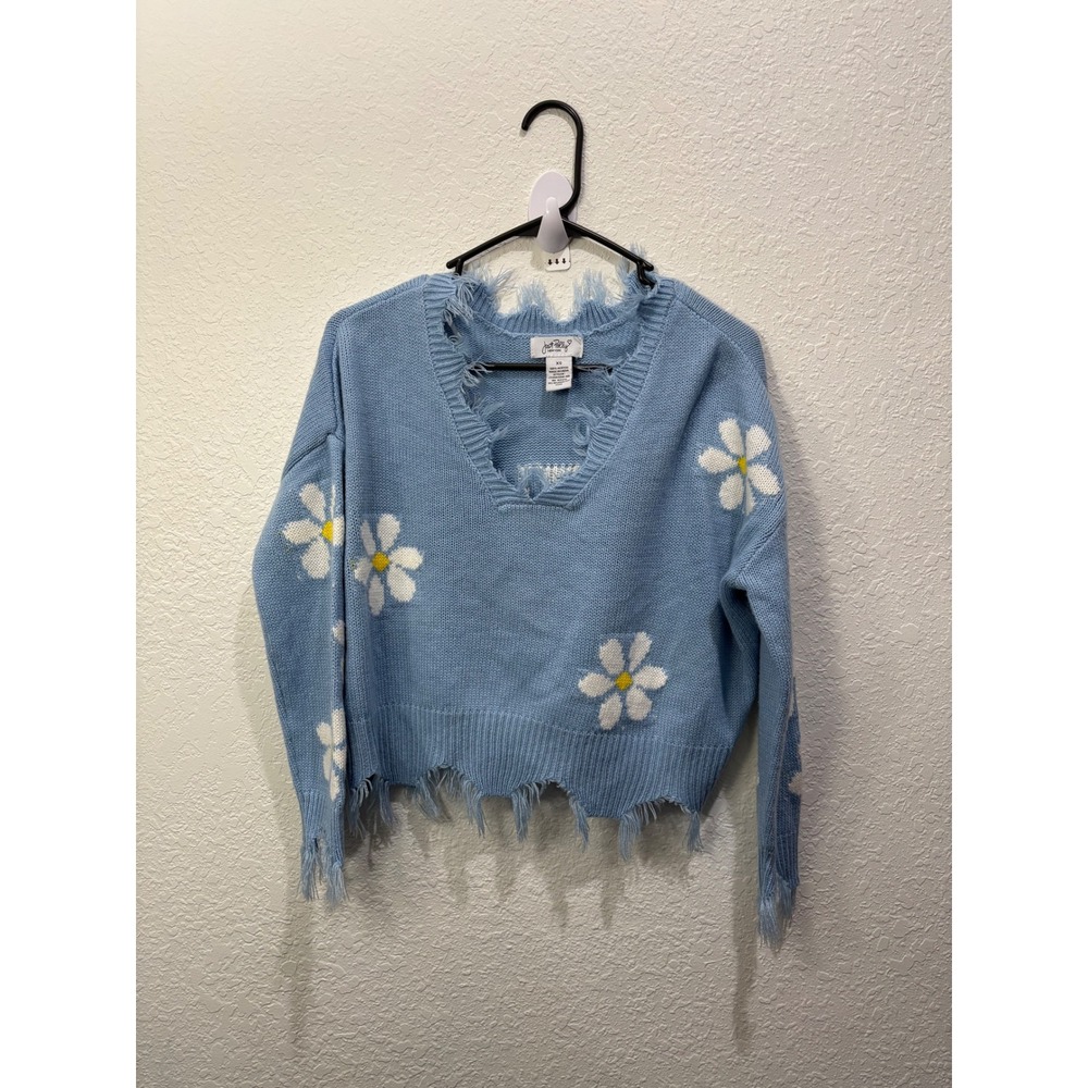 Just Polly‎ New York Distressed Blue Daisy Knit Sweater Cropped XS Y2K Grunge